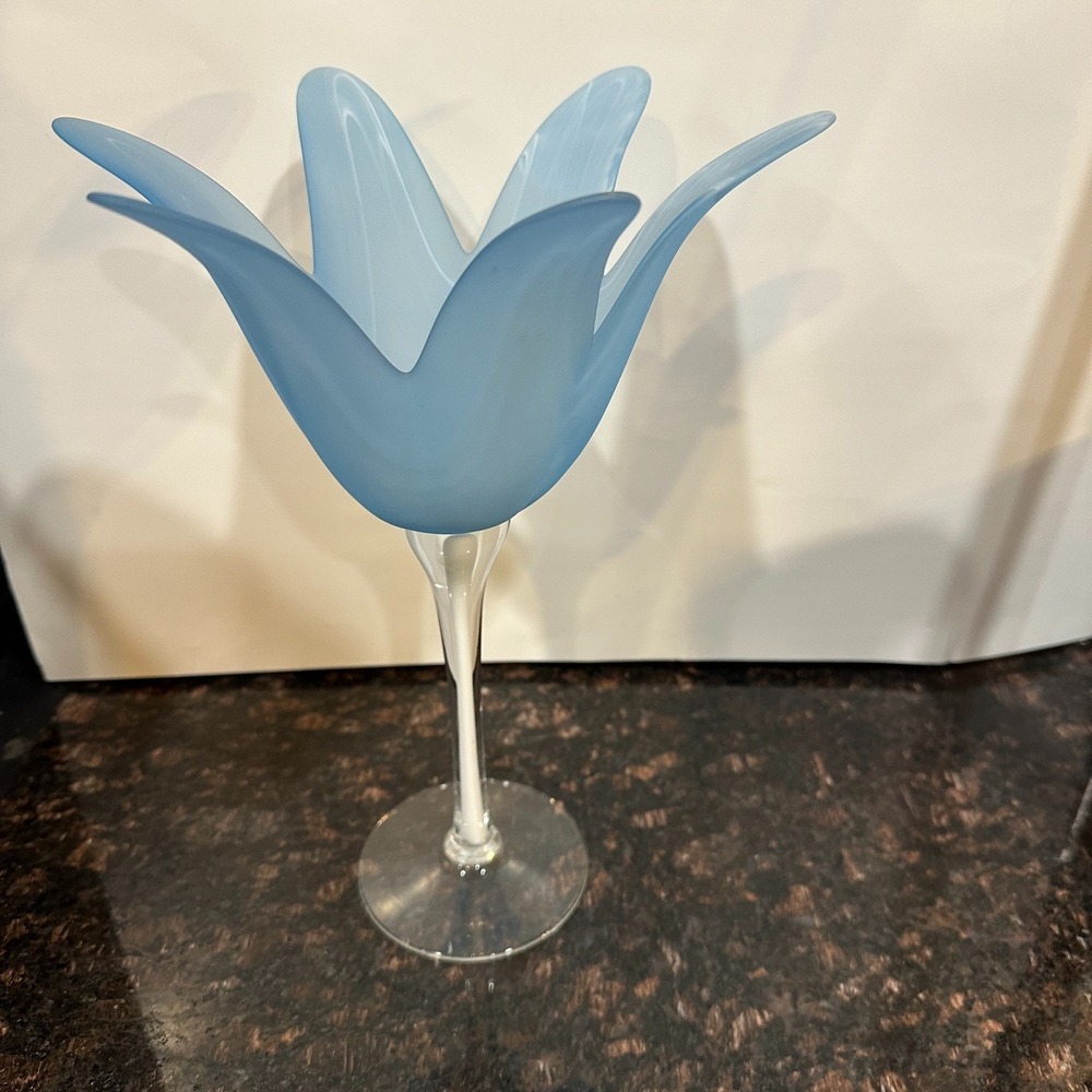 VTG Blue Frosted Art Glass Tulip Candle Holder Flower Vase Clear Stem Murano